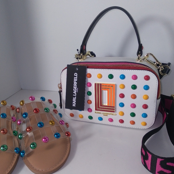 Bar III & Karl Lagerfeld MultiColor Metallic Beaded Caged Sandals,Camera Bag Set - Picture 2 of 16